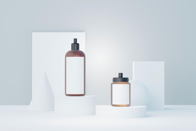 3d renderização de produtos cosméticos em branco para cuidados com a pele ou embalagens para maquete Conceito de sabonete e spa de beleza Loção de óleo de umidade para a saúde da pele Design premium e de luxo para branding