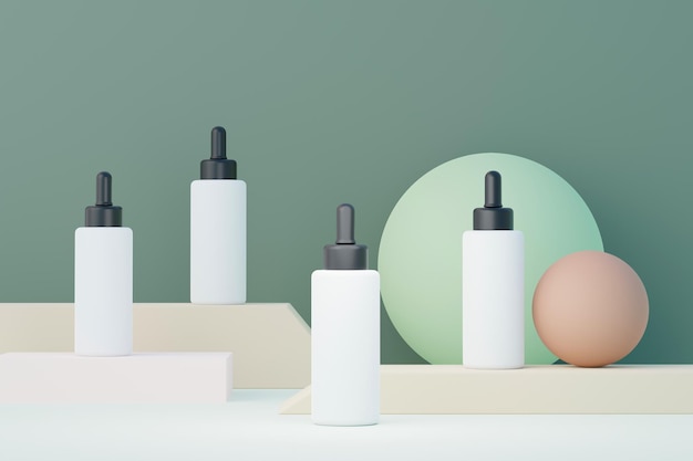3d renderização de produtos cosméticos em branco para cuidados com a pele ou embalagens para maquete Conceito de sabonete e spa de beleza Loção de óleo de umidade para a saúde da pele Design premium e de luxo para branding