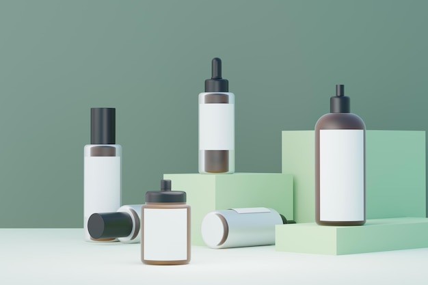 3d renderização de produtos cosméticos em branco para cuidados com a pele ou embalagens para maquete Conceito de sabonete e spa de beleza Loção de óleo de umidade para a saúde da pele Design premium e de luxo para branding