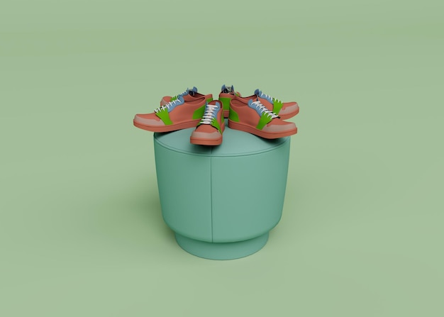 3d renderização de sapatos no topo do banquinho isolado em fundo pastel cena mínima de fundo 3d