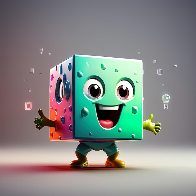 3d renderização de um cubo sorridente com a palavra