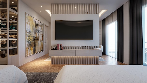 3d renderização design de interiores de estilo contemporâneo de quarto principal de luxo moderno