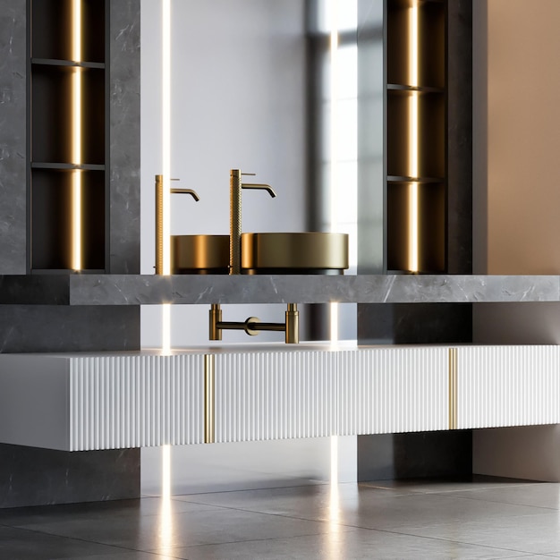3d renderização design de interiores de móveis de banheiro de pia de luxo moderno