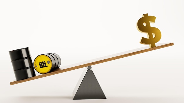 3D renderização do barril de petróleo preto e dólar em escala isolada no fundo branco