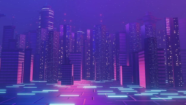 3d renderização do conceito de paisagem de cidade noturna cyber punk luz brilhando na cena escura vida noturna rede de tecnologia para 5g além da geração e futurista da capital scifi e cena de construção