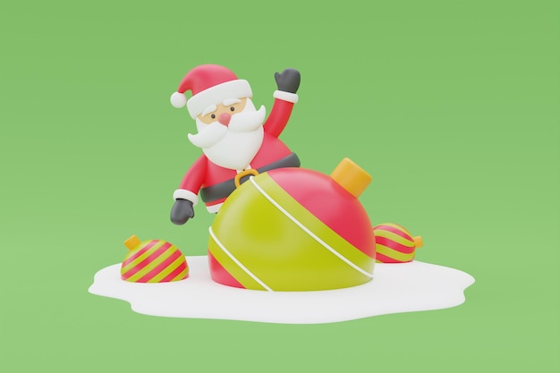 3d renderização do personagem de desenho animado papai noel com bolas de natal feliz natal e ano novo