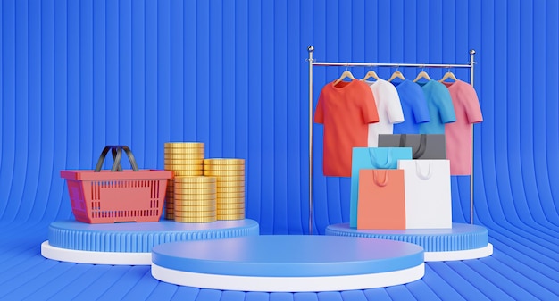 3d renderização do pódio com camisa pendurada no varal de roupas conceito online de compras