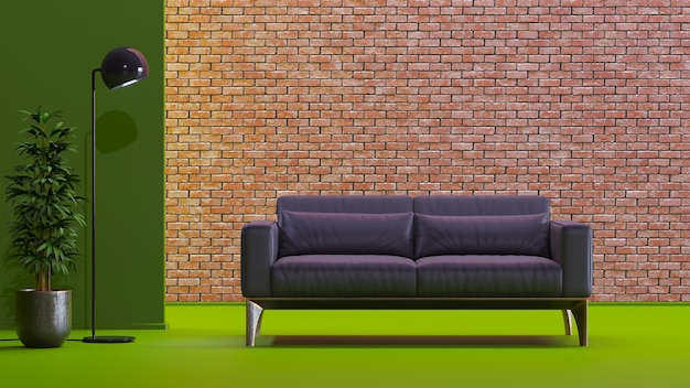 3d renderização do sofá de couro preto com a venda de lâmpadas e plantas no fundo da parede de tijolos