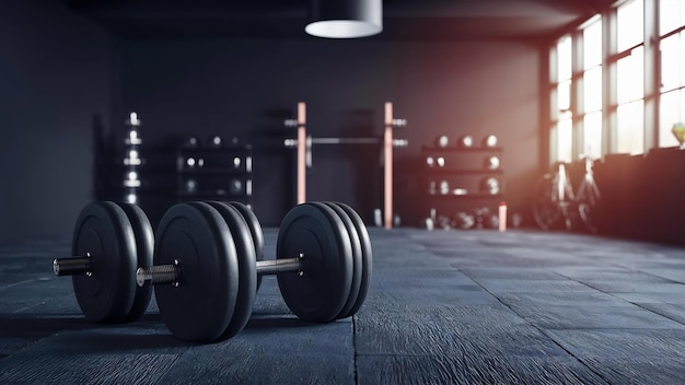3d renderização dumbbells pretos no chão em sala de fitness conceito escuro com equipamentos de treinamento em
