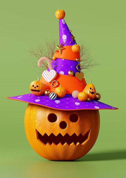 3d renderização feliz dia das bruxas, cabeça de abóbora colocada em um chapéu sobre fundo verde, 31 de outubro