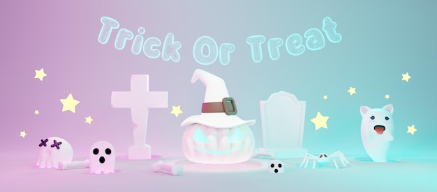 3d renderização feliz dia de halloween fundo de cena moderna branca com luz neon e design assustador bonito Halloween abóboras brancas crânio fantasma e decorações de aranha festa doçura ou travessura comemorar