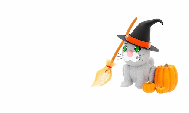 3d renderização Gatinho cinza de desenho animado em um chapéu de bruxa e com abóboras Ilustração 3d do conceito de halloween de outono