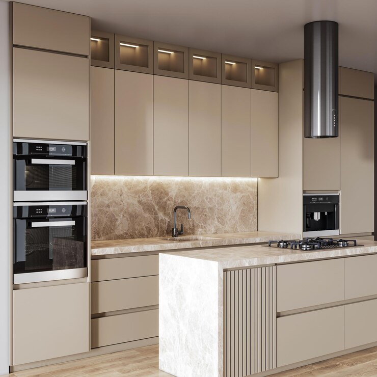 Foto 3d renderização inspiração de design de interiores de cozinha moderna