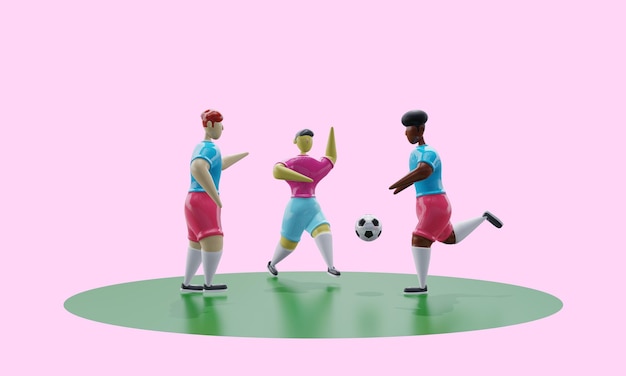 3d renderização Jogadores de futebol com cabelo de cor de pele diferente e nacionalidade chutam a bola no campo Jogo de futebol