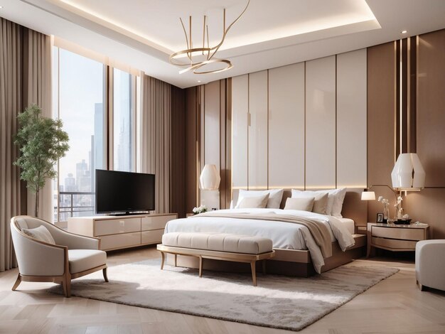3D renderização luxuosa suite de quarto moderno em hotel com TV e armário