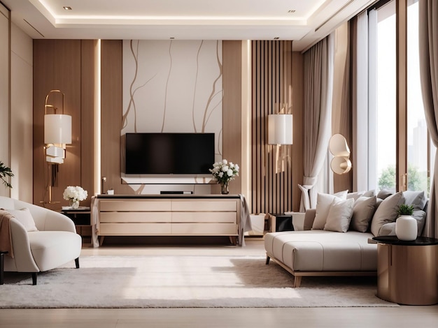 3D renderização luxuosa suite de quarto moderno em hotel com TV e armário