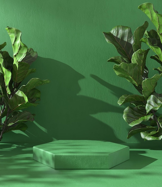 3d renderização maquete verde pódio guarda-sol sombra planta tropical fundo