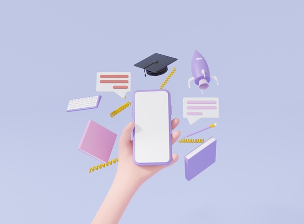 3D renderização mínima mão de desenho animado segurando o conceito de educação on-line na tela branca do smartphone fundo roxo banner plataforma de página de aplicativo do site