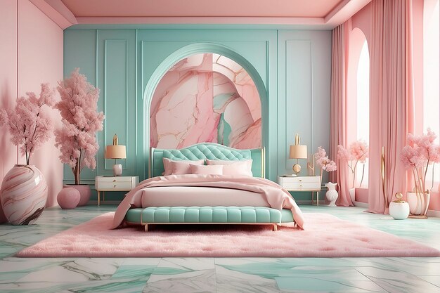 Foto 3d renderização moderna de luxo quarto pastel com mármore