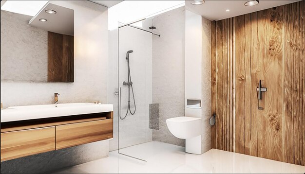3d renderização moderna de madeira e banheiro de pedra branca