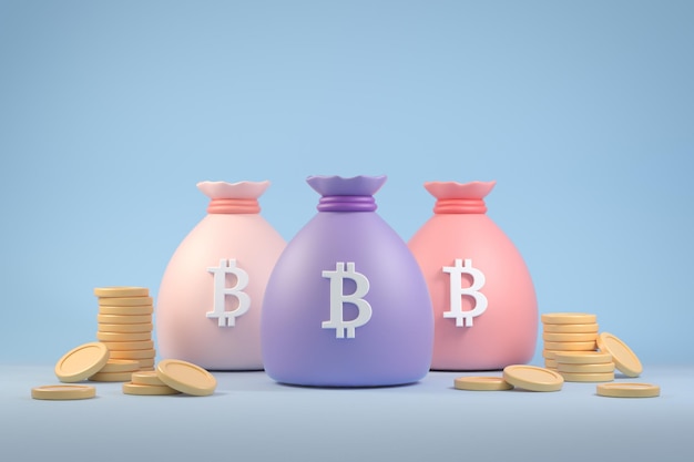 3d renderização moderna moeda criptográfica mínima Bitcoin saco segurança investimento estoque tesouro ilustração cor pastel fundos