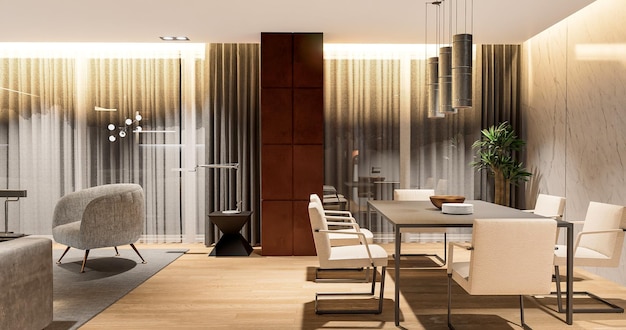 3d renderização moderna sala principal de luxo, sala de jantar e design de interiores de cozinha