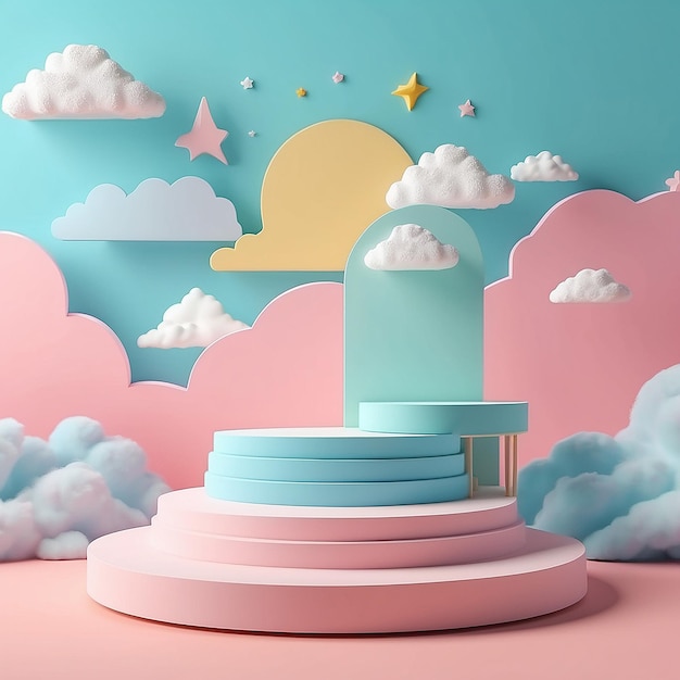 3D renderização pódio estilo criança com cor de fundo pastel nuvens e tempo com espaço para crianças ou produto de bebê