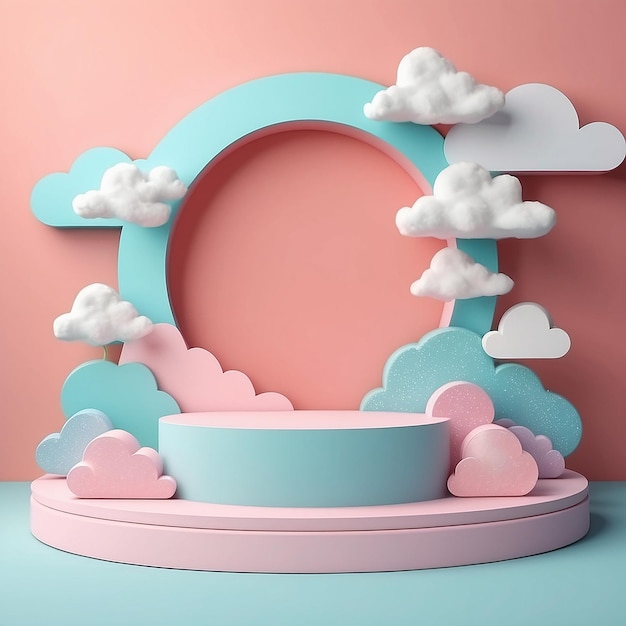 3D renderização pódio estilo criança com cor de fundo pastel nuvens e tempo com espaço para crianças ou produto de bebê