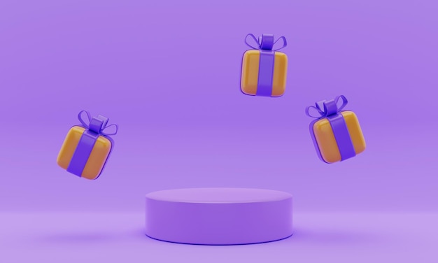 3d renderização pódio roxo vazio em fundo roxo com caixa de presente para exibição de produto 3d render ilustração