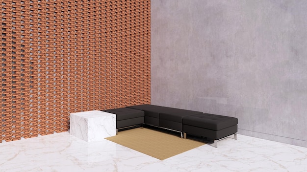 3d renderização sala de espera design de conceito de parede industrial com sofá preto e mesa moderna