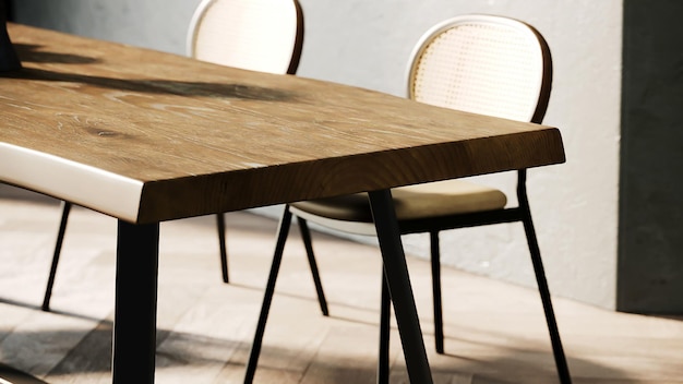 3d renderização sala de jantar mesa de madeira e cadeira design de interiores