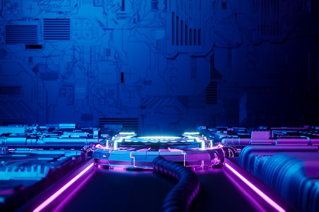 3d renderização sci-fi pódio vazio com luz neon azul e roxa para exibição do produto.