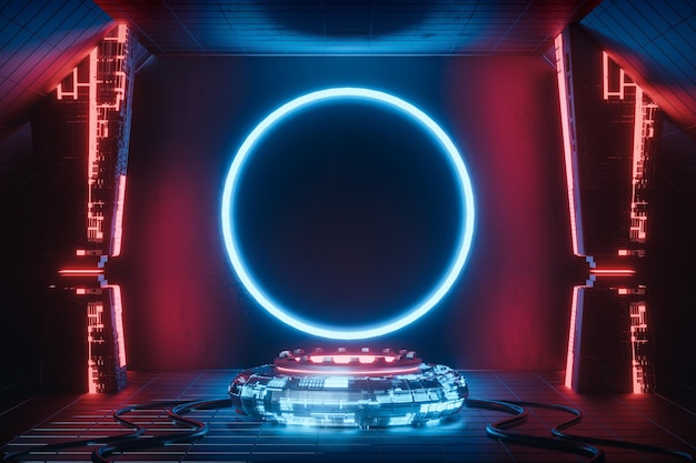 3d renderização sci fi pódio vazio com luz neon vermelha e azul para exibição do produto.