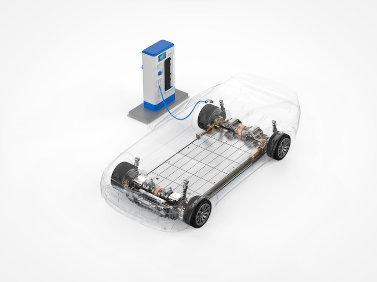 Foto 3d renderização transparente ev carro ou veículo elétrico plug-in com estação de recarga