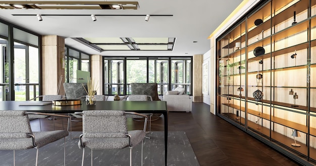 3d renderização vivendo jantar e cozinha design de interiores
