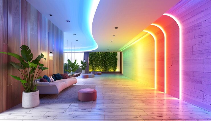 3D renderización hermoso loft oficina salón con el color del arco iris
