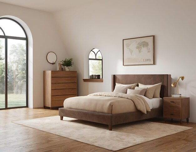 3d renderización de un interior de dormitorio de lujo con estilo de tono oscuro piedra y cabecera de madera y madera