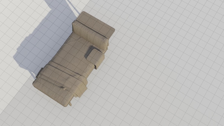 Foto 3d renderización de un sofá de salón con un respaldo en un solo lado y una mesa de café unida en el plano