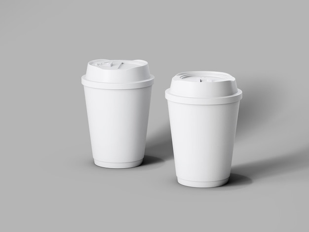 3d renderización de tazas de café de papel en fondo gris dos tazas desechables blancas modelo