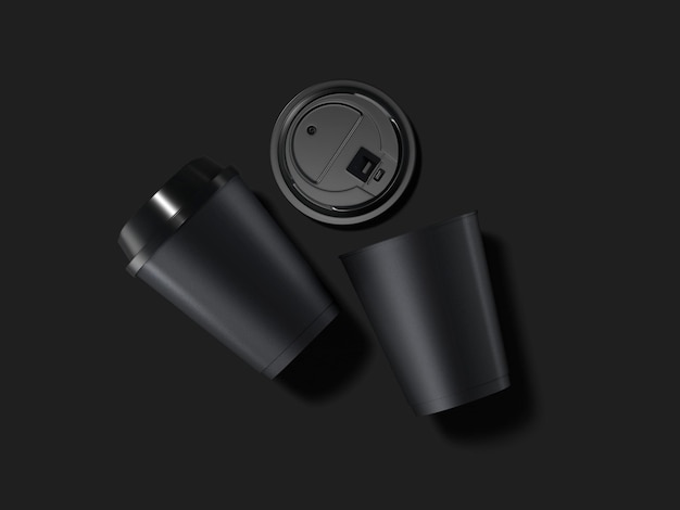 3d renderización de tazas de café de papel negro sobre un fondo oscuro con tapa abierta vista superior maqueta de taza desechable