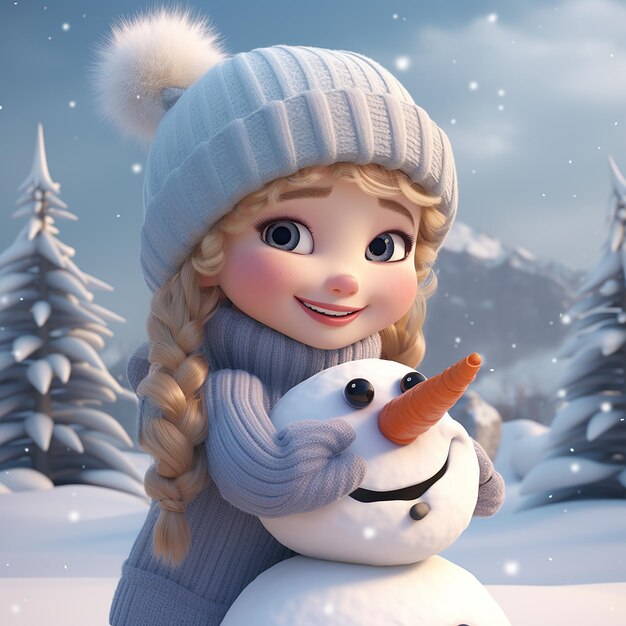 Foto 3d renderizada uma menina com rosto sorridente fazendo um boneco de neve