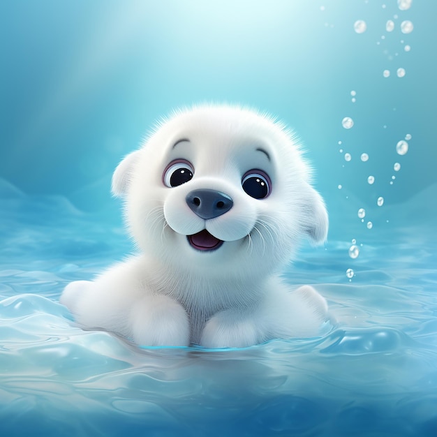 3D renderizado adorable pequeño cachorro de foca en el hielo disfrutando