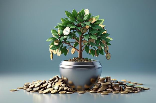 3d renderizado árbol de dinero en una olla con monedas concepto de inversión de dinero