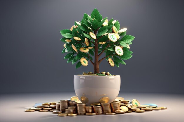 3d renderizado árbol de dinero en una olla con monedas concepto de inversión de dinero