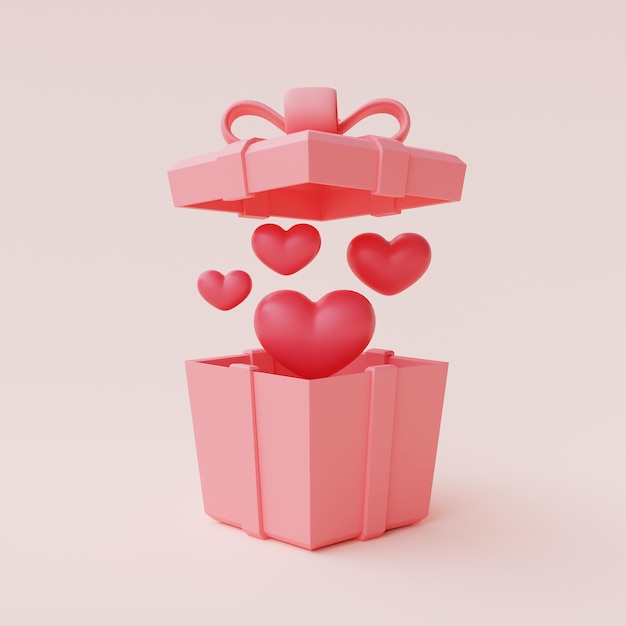 3d renderizado de cajas de regalo rosas abiertas con corazón rojo aislado en fondo pastel, concepto de venta del día de san valentín, estilo minimalista.