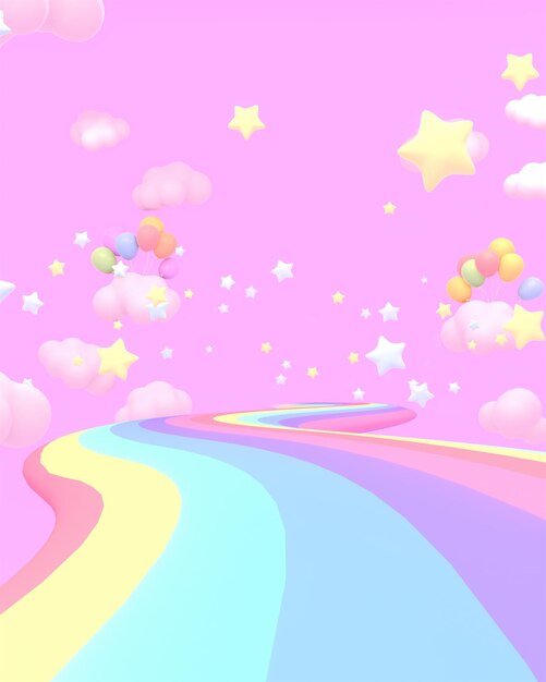 3d renderizado camino del arco iris y estrellas