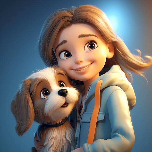 Foto 3d renderizado canónico super linda chica feliz con su cachorro
