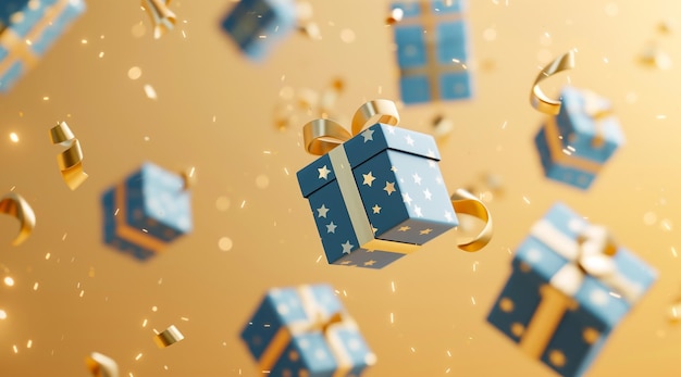 3D renderizado celebrar caixas de presentes azuis voando no ar em um fundo amarelo claro