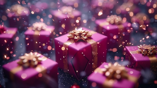 3D renderizado Celebrar festivo roxo e ouro Grandes caixas de presentes flutuando no ar
