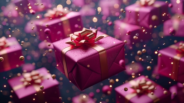 3D renderizado Celebrar la fiesta púrpura y oro grandes cajas de regalos flotando en el aire